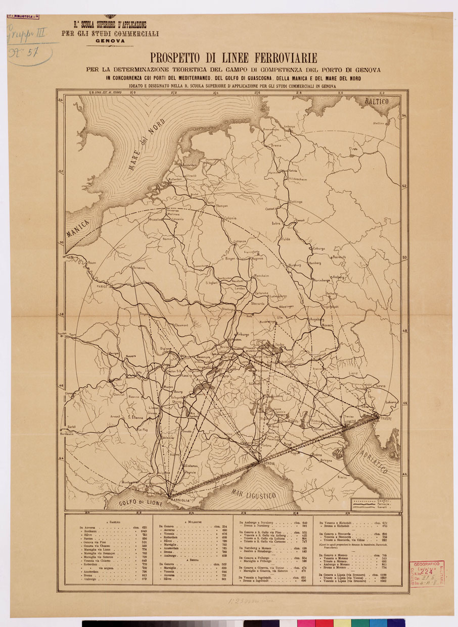 (N:14230) PROSPETTO DI LINEE FERROVIARIE PER LA DETERMINAZIONE TEORETICA DEL CAMPO DI COMPETENZA DEL PORTO DI GENOVA... (B0008521) Carte e stampe antiche: riproduzione a colori su carta (formato A2)