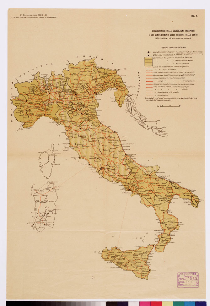 (N:8724) CIRCOSCRIZIONE DELLE DELEGAZIONI TRASPORTI E DEI COMPARTIMENTI DELLE FERROVIE DELLO STATO... (B0008526) Carte e stampe antiche: riproduzione a colori su carta (formato A2)