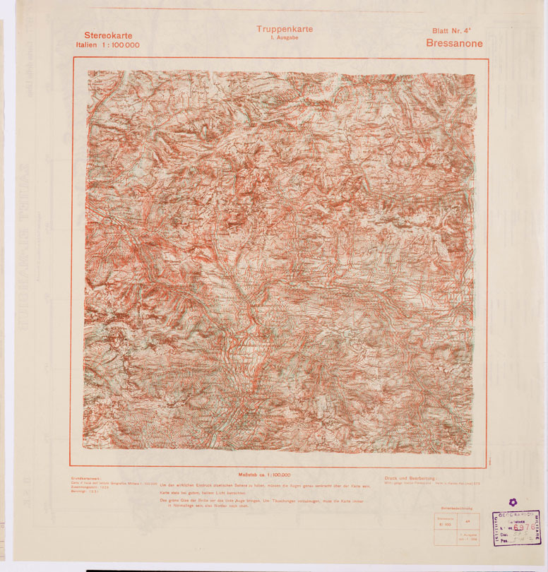 (N:8820) TRUPPENKARTE - STEREOKARTE - (CARTA STEREOSCOPICA PER USO MILITARE) - Foglio 4A - Bressanone (B0008539) Carte e stampe antiche: riproduzione a colori su carta (formato A2)