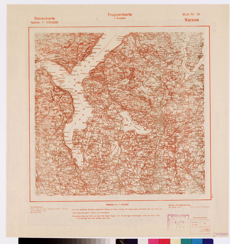 (N:8829) TRUPPENKARTE - STEREOKARTE - (CARTA STEREOSCOPICA PER USO MILITARE) - Foglio 31 - Varese (B0008566) Carte e stampe antiche: riproduzione a colori su carta (formato A2)