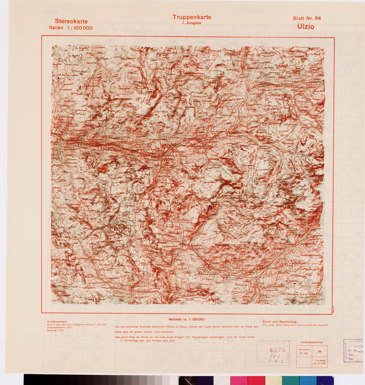 (N:8803) TRUPPENKARTE - STEREOKARTE - (CARTA STEREOSCOPICA PER USO MILITARE) - Foglio 54 - Ulzio (B0008588) Carte e stampe antiche: riproduzione a colori su carta (formato A2)