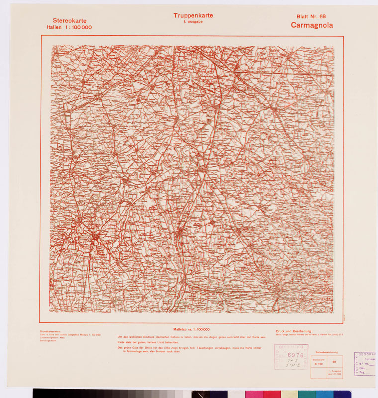 (N:8794) TRUPPENKARTE - STEREOKARTE - (CARTA STEREOSCOPICA PER USO MILITARE) - Foglio 68 - Carmagnola (B0008596) Carte e stampe antiche: riproduzione a colori su carta (formato A2)