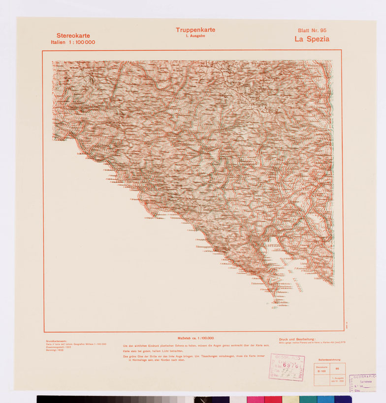 (N:13032) TRUPPENKARTE - STEREOKARTE - (CARTA STEREOSCOPICA PER USO MILITARE) - Foglio 95 - La Spezia (B0008623) Carte e stampe antiche: riproduzione a colori su carta (formato A2)