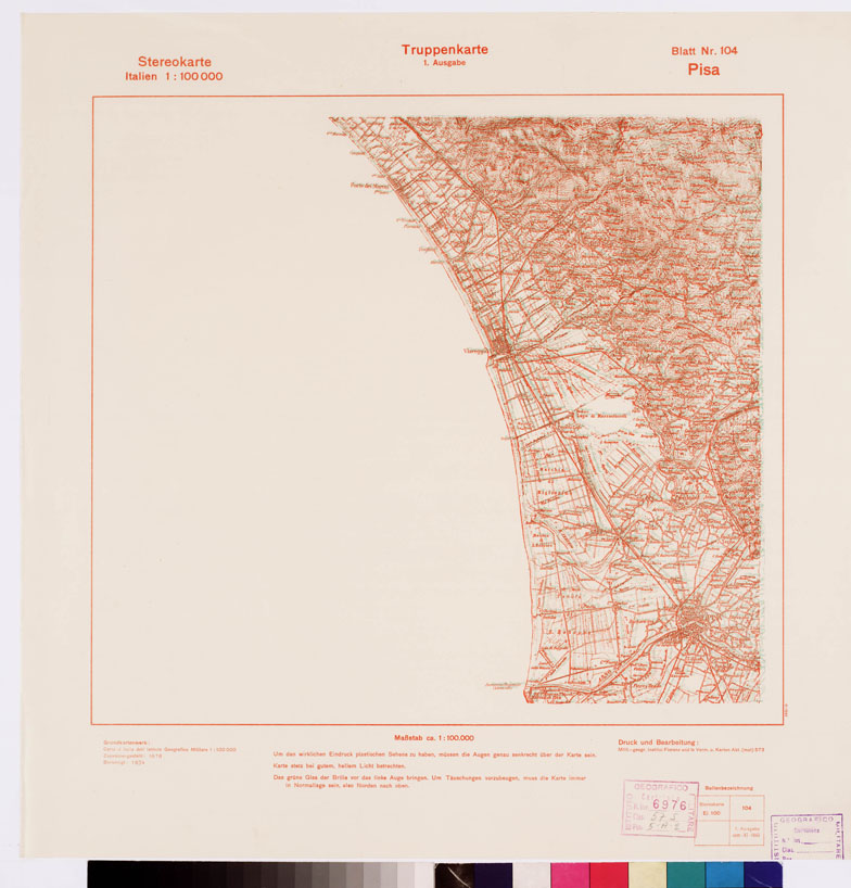 (N:9647) TRUPPENKARTE - STEREOKARTE - (CARTA STEREOSCOPICA PER USO MILITARE) - Foglio 104 - Pisa (B0008630) Carte e stampe antiche: riproduzione a colori su carta (formato A2)