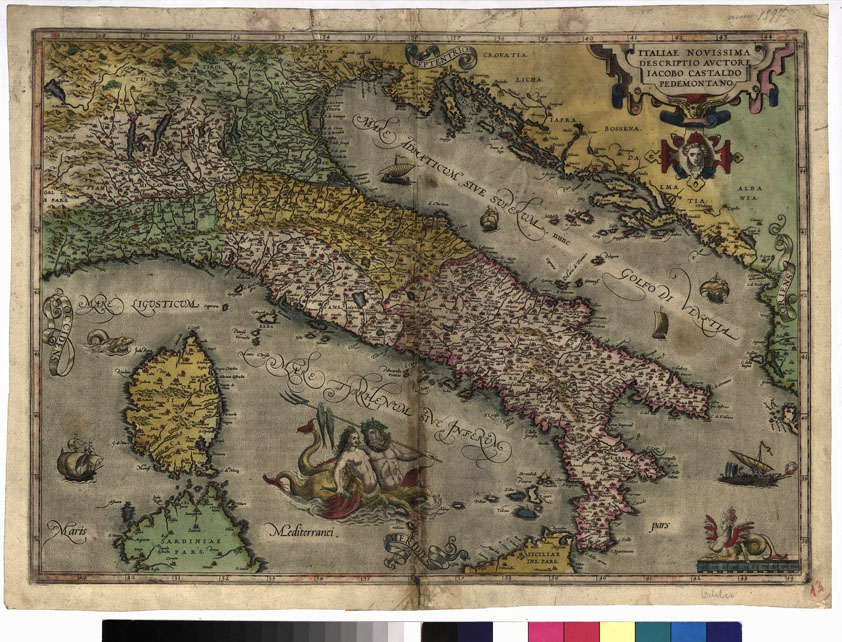 (N:10886) CARTELLA DAL TITOLO: THEATRUM ORBIS TERRARUM DI ORTELIO. "ITALIAE NOVISSIMA DESCRIPTIO AUCTORE JACOPO CASTALDO PEDEMONTANO" - Tavola I-2 (B0008728) Carte e stampe antiche: riproduzione a colori su carta (formato A2)