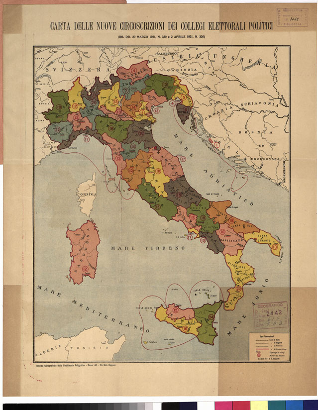 (N:3870) CARTA DELLE NUOVE CIRCOSCRIZIONI DEI COLLEGI ELETTORALI POLITICI (B0008731) Carte e stampe antiche: riproduzione a colori su carta (formato A2)