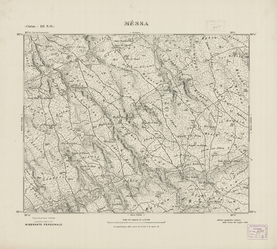 (N:2767) CARTA TOPOGRAFICA DELLA CIRENAICA AL 25.000 - CIRENE III N. O. - Messa (B0009652) Carte e stampe antiche: riproduzione a colori su carta (formato A2)