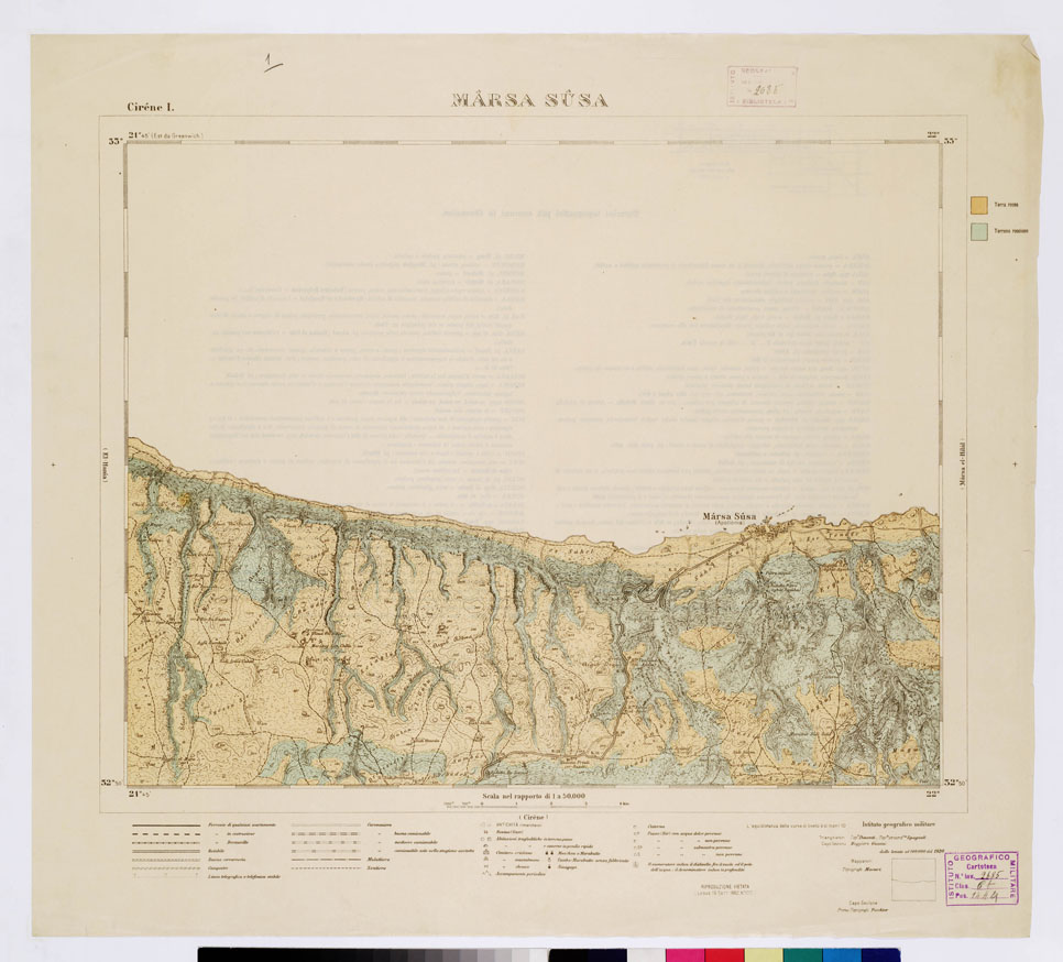 (N:7446) CARTA TOPOGRAFICA DELLA CIRENAICA ALLA SCALA DI 1:50.000 - CIRENE I - Marsa Susa - Varie specie di terreno (B0009717, B0009718) Carte e stampe antiche: riproduzione a colori su carta (formato A2)