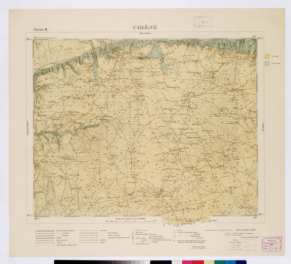 (N:7448) CARTA TOPOGRAFICA DELLA CIRENAICA ALLA SCALA DI 1:50.000 - CIRENE II - Cirene  - Varie specie di terreno (B0009719) Carte e stampe antiche: riproduzione a colori su carta (formato A2)