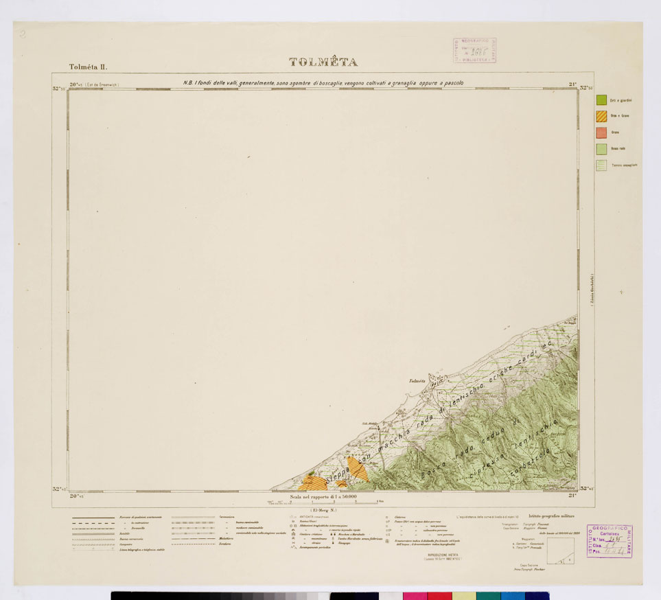 (N:7479) CARTA TOPOGRAFICA DELLA CIRENAICA ALLA SCALA DI 1:50.000 - TOLMETA II - Tolmeta - Boschi e colture (B0009756) Carte e stampe antiche: riproduzione a colori su carta (formato A2)