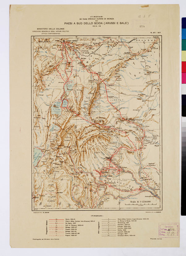 (N:13077) PAESI A SUD DELLO SCIOA (ARUSSI E BALE) ITINERARI DEL CONTE ERCOLE DURINI DI MONZA. (B0009832) Carte e stampe antiche: riproduzione a colori su carta (formato A2)