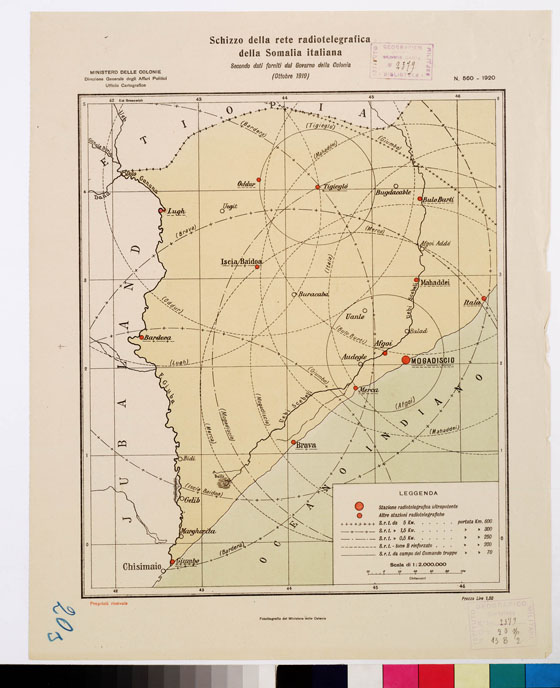 (N:15780) SCHIZZO DELLA RETE RADIOTELEGAFICA DELLA SOMALIA - Foglio 1 - Ottobre 1919 (B0010600) Carte e stampe antiche: riproduzione a colori su carta (formato A2)