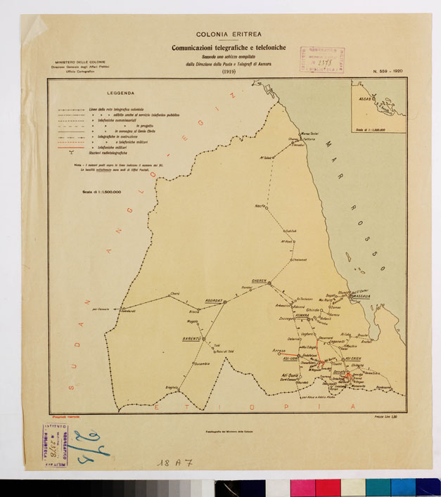 (N:9021) COLONIA ERITREA - COMUNICAZIONI TELEGRAFICHE E TELEFONICHE. SECONDO UNO SCHIZZO COMPILATO DALLA DIREZIONE DELLE POSTE E TELEGRAFI DI ASMARA (B0010639) Carte e stampe antiche: riproduzione a colori su carta (formato A2)