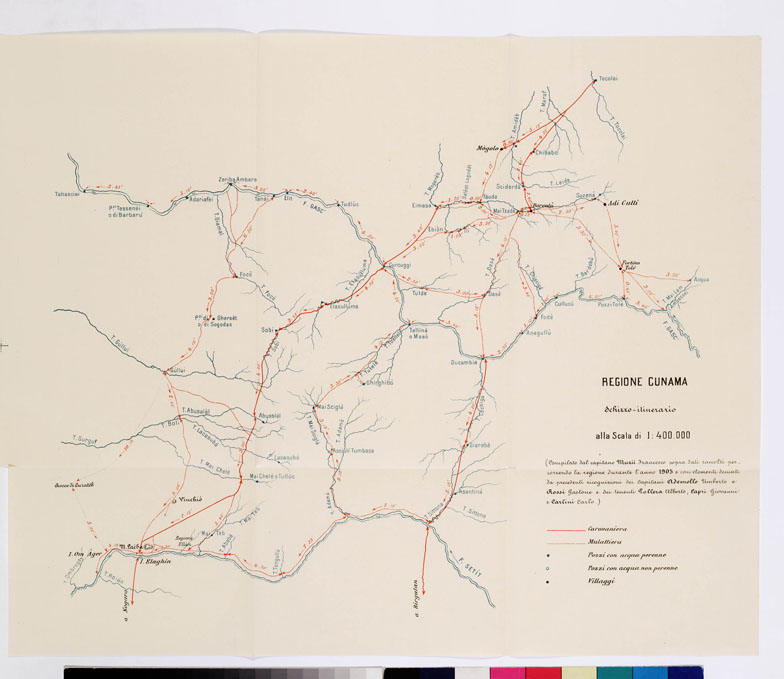 (N:10999) I- REGIONE CUNMA. SCHIZZO ITINERARIO.
II - CARTA DIMOSTRATIVA DELLA REGIONE FRA AGORDAT, SABDERAT E IL SETIT. (B0010680) Carte e stampe antiche: riproduzione a colori su carta (formato A2)
