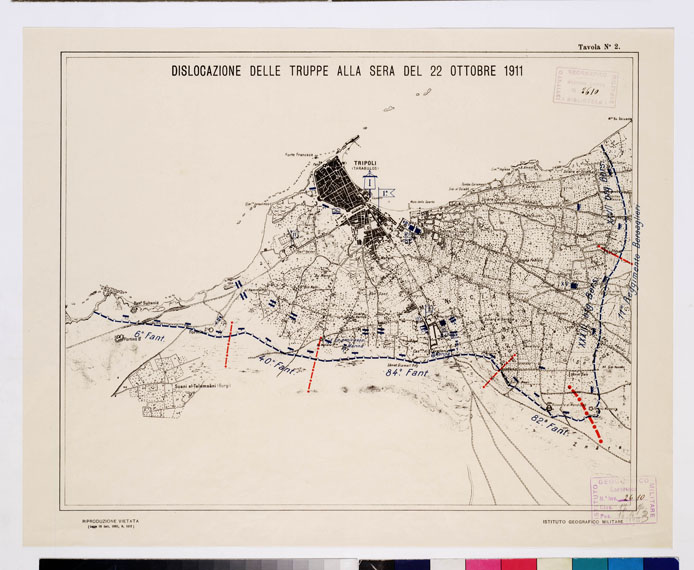 (N:9886) FORTIFICAZIONI DI TRIPOLI E DINTORNI - DISLOCAZIONE DELLE TRUPPE ALLA SERA DELL 22 OTTOBRE 1911 - Tavola 2 (B0011000) Carte e stampe antiche: riproduzione a colori su carta (formato A2)