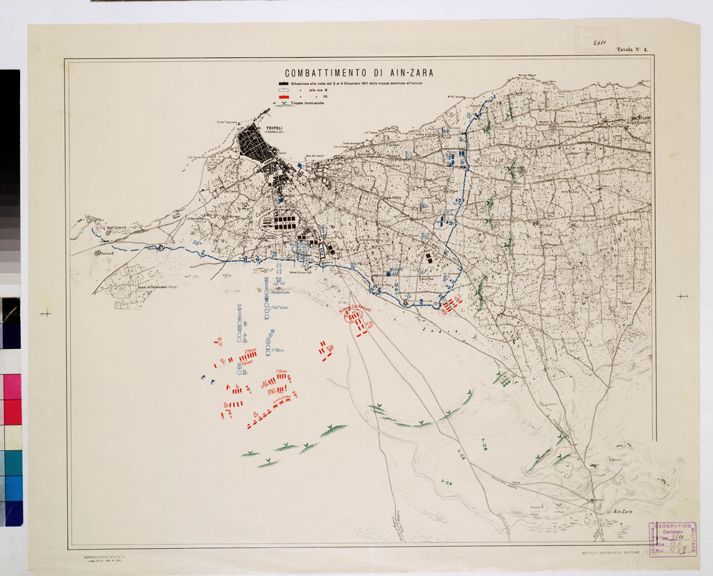 (N:9888) FORTIFICAZIONI DI TRIPOLI E DINTORNI - COMBATTIMENTO DI AIN ZARA 3-4 dicembre 1911 -Tavola 4 (B0011002) Carte e stampe antiche: riproduzione a colori su carta (formato A2)