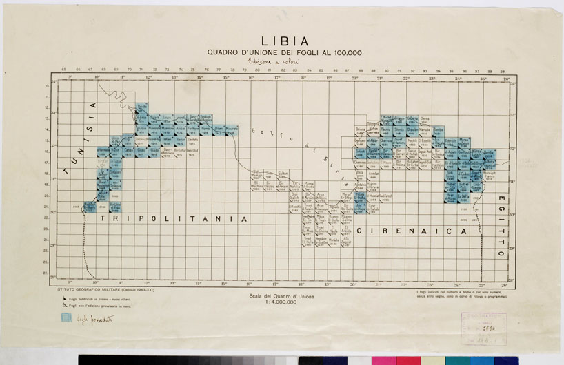 (N:7680) CARTA TOPOGRAFICA DELLA LIBIA - QUADRO D'UNIONE DEI FOGLI A COLORI (B0011288) Carte e stampe antiche: riproduzione a colori su carta (formato A2)