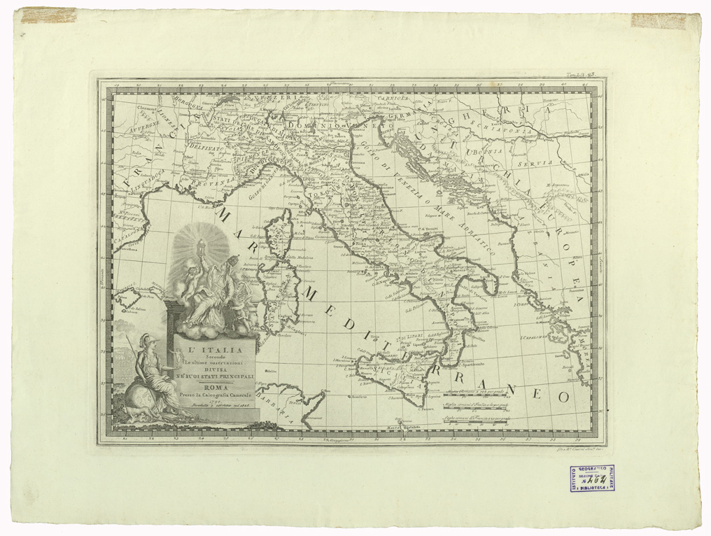 (N:9480) CARTE ANTICHE PROVENIENTI DALLA CALCOGRAFIA CAMERALE DI ROMA - L'ITALIA SECONDO LE ULTIME OSSERVAZIONI DIVISA NE' SUOI STATI PRINCIPALI - Tomo I n. 23
 (B0012952) Carte e stampe antiche: riproduzione a colori su carta (formato A2)