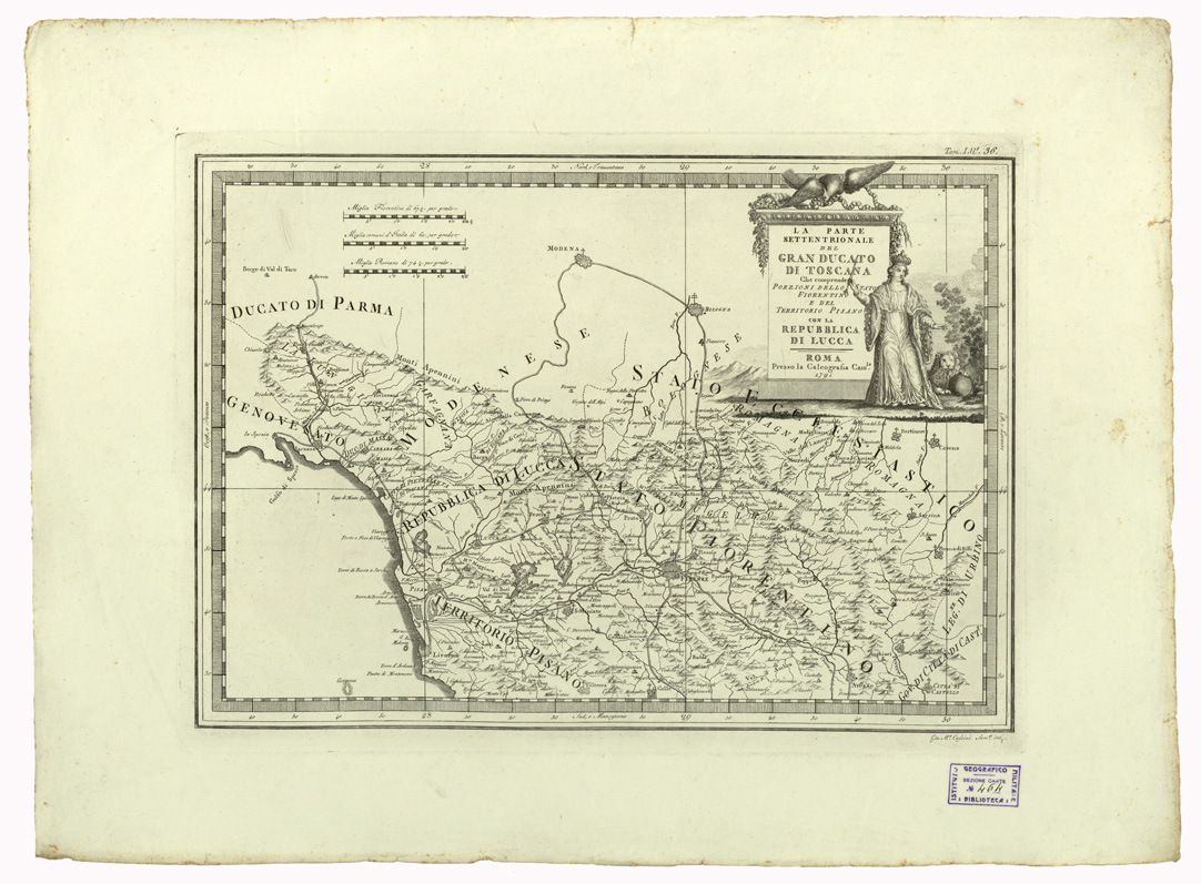 (N:8539) CARTE ANTICHE PROVENIENTI DALLA CALCOGRAFIA CAMERALE DI ROMA - LA PARTE SETTENTRIONALE DEL GRANDUCATO DI TOSCANA CHE COMPRENDE PORZIONI DELLO STATO FIORENTINO E DEL TERRITORIO PISANO CON LA REPUBBLICA DI LUCCA - Tomo I n. 36 (B0013016) Carte e stampe antiche: riproduzione a colori su carta (formato A2)