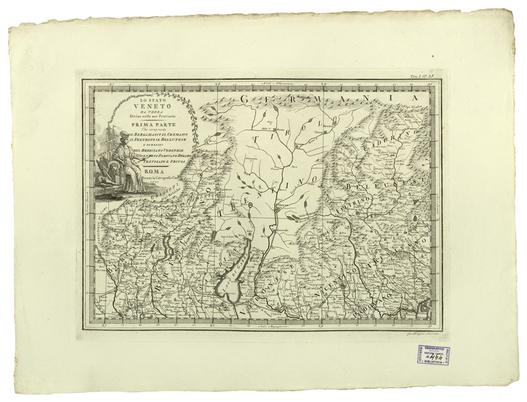 (N:11222) CARTE ANTICHE PROVENIENTI DALLA CALCOGRAFIA CAMERALE DI ROMA - LO STATO VENETO DA TERRA DIVISO NELLE SUE PROVINCIE- Tomo I n. 38 (B0013017) Carte e stampe antiche: riproduzione a colori su carta (formato A2)