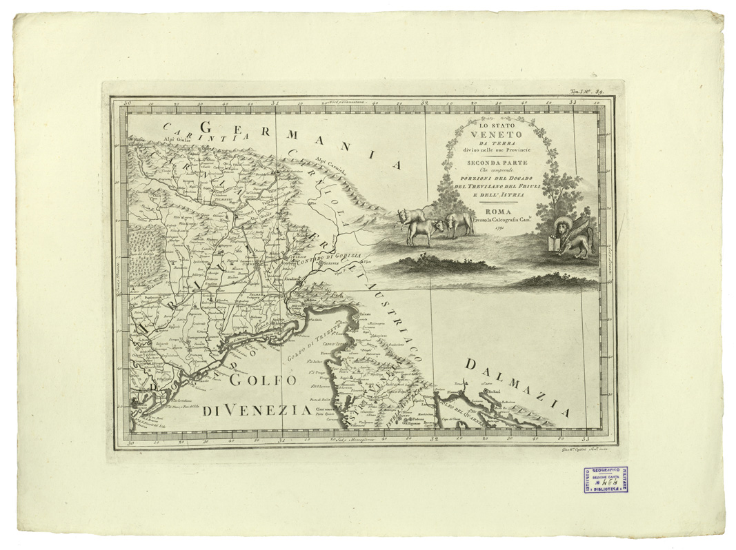 (N:11220) CARTE ANTICHE PROVENIENTI DALLA CALCOGRAFIA CAMERALE DI ROMA - LO STATO VENETO DA TERRA DIVISO NELLE SUE PROVINCIE SECONDA PARTE CHE COMPRENDE PORZIONI DEL DOGADO DEL TREVISANO DEL FRIULI E DELL'ISTRIA - Tomo I n. 39 (B0013018) Carte e stampe antiche: riproduzione a colori su carta (formato A2)