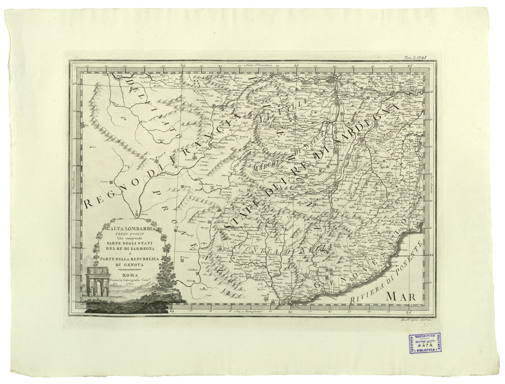 (N:11216) CARTE ANTICHE PROVENIENTI DALLA CALCOGRAFIA CAMERALE DI ROMA - L'ALTA LOMBARDIA TERZO FOGLIO CHE COMPRENDE PARTE DEGLI STATI DEL RE DI SARDEGNA E PARTE DELLA REPUBBLICA DI GENOVA - Tomo I n. 45 (B0013020) Carte e stampe antiche: riproduzione a colori su carta (formato A2)