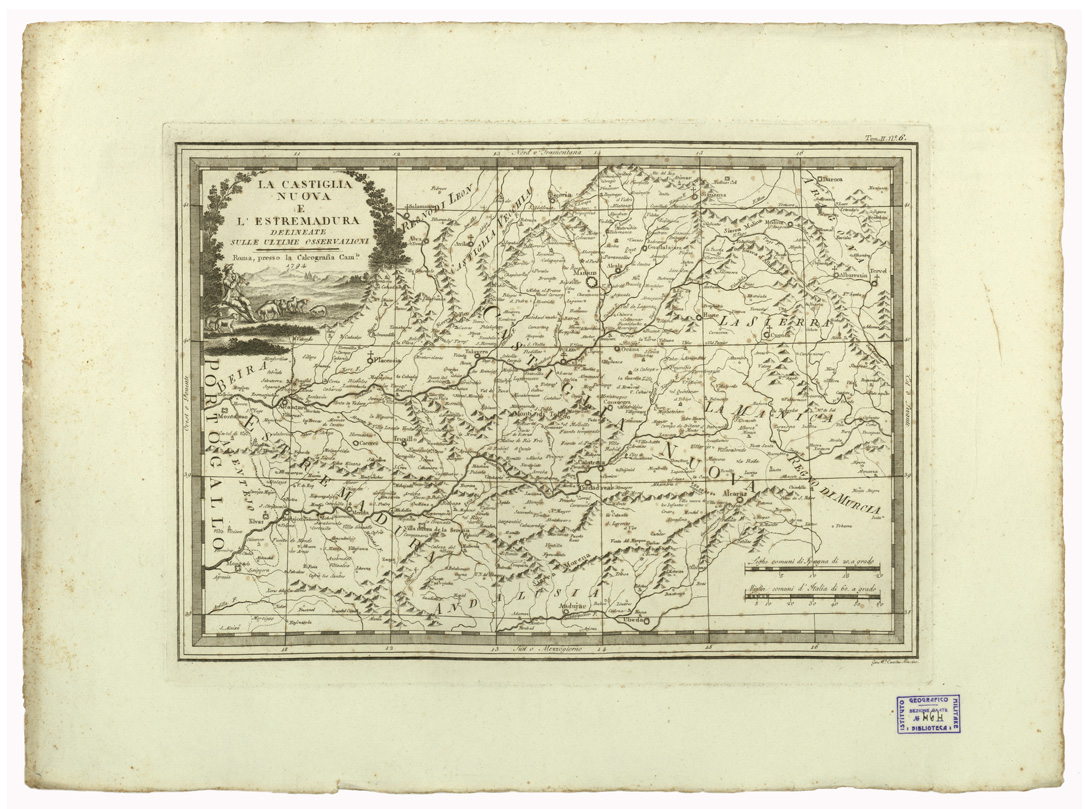 (N:11118) CARTE ANTICHE PROVENIENTI DALLA CALCOGRAFIA CAMERALE DI ROMA - LA CASTIGLIA NUOVA E L'ESTREMADURA DELINEATE SULLE ULTIME OSSERVAZIONI - Tomo II n. 6 (B0013035) Carte e stampe antiche: riproduzione a colori su carta (formato A2)