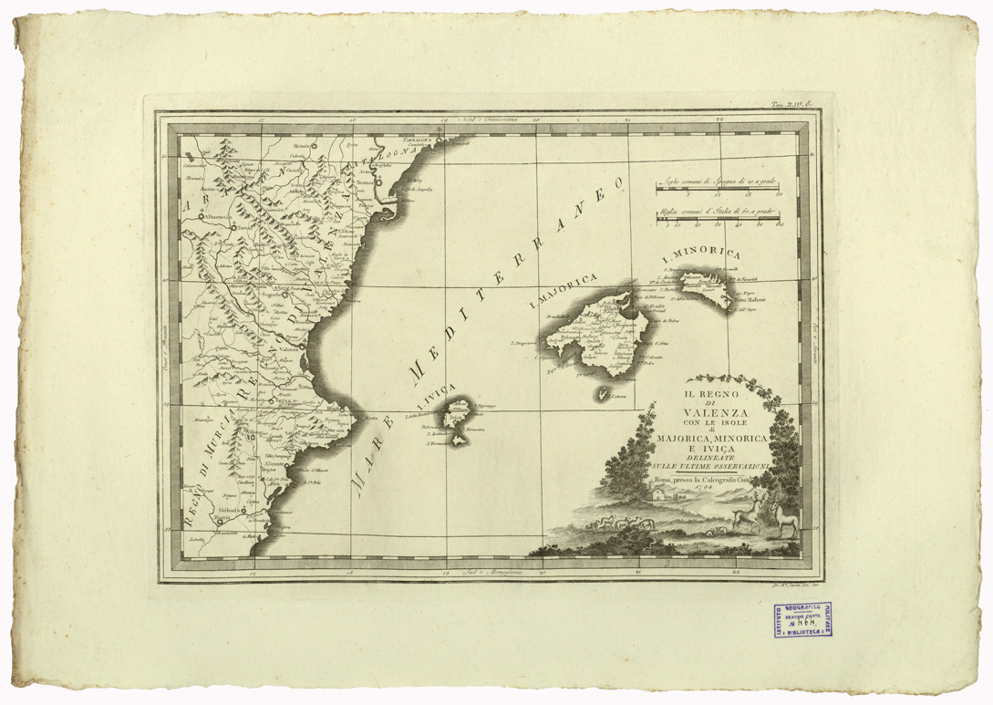 (N:9843) CARTE ANTICHE PROVENIENTI DALLA CALCOGRAFIA CAMERALE DI ROMA - IL REGNO DI VALENZA CON LE ISOLE DI MAJORICA, MINORICA E IVICA DELINEATE SULLE ULTIME OSSERVAZIONI - Tomo II n. 8 (B0013052) Carte e stampe antiche: riproduzione a colori su carta (formato A2)