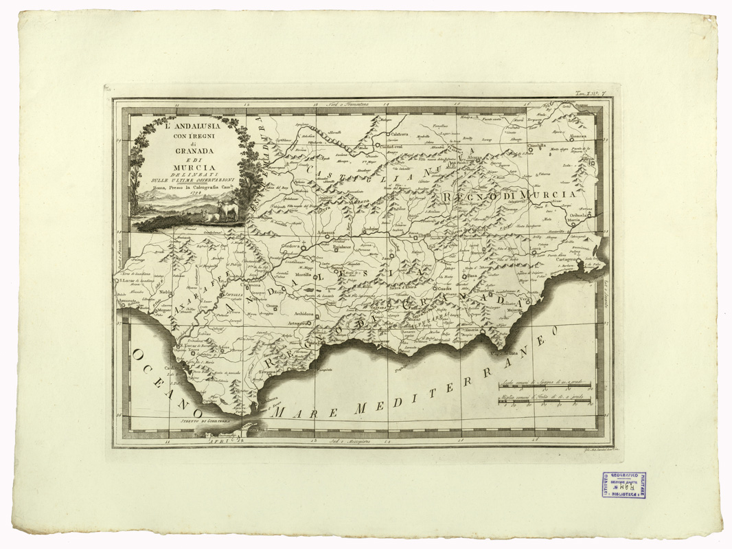 (N:9334) CARTE ANTICHE PROVENIENTI DALLA CALCOGRAFIA CAMERALE DI ROMA - L'ANDALUSIA CON I REGNI DI GRANADA E DI MURCIA DELINEATI SULLE ULTIME OSSERVAZIONI - Tomo II n. 7 (B0013053) Carte e stampe antiche: riproduzione a colori su carta (formato A2)