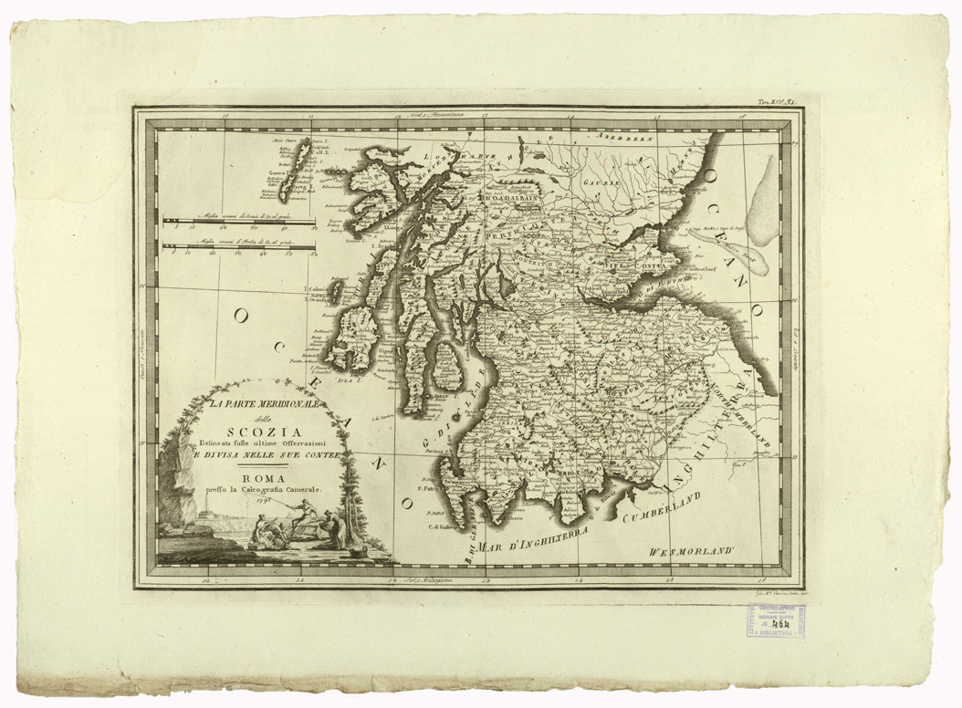 (N:9060) CARTE ANTICHE PROVENIENTI DALLA CALCOGRAFIA CAMERALE DI ROMA - LA PARTE MERIDIONALE DELLA SCOZIA DELINEATA SULLE ULTIME OSSERVAZIONI E DIVISA NELLE SUE CONTEE - Tomo II n. 51
 (B0013076) Carte e stampe antiche: riproduzione a colori su carta (formato A2)