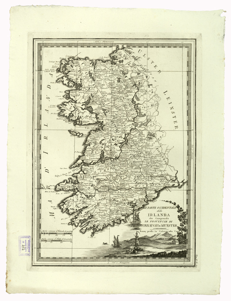 (N:8738) CARTE ANTICHE PROVENIENTI DALLA CALCOGRAFIA CAMERALE DI ROMA - LA PARTE OCCIDENTALE DELLA IRLANDA CHE COMPRENDE LE PROVINCIE DI CONNAUGHT E MUNSTER - Tomo II n. 54 (B0013094) Carte e stampe antiche: riproduzione a colori su carta (formato A2)