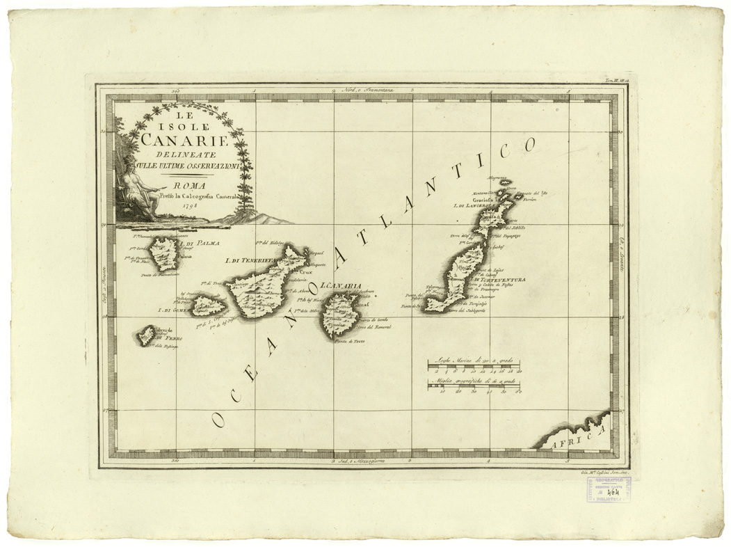 (N:8517) CARTE ANTICHE PROVENIENTI DALLA CALCOGRAFIA CAMERALE DI ROMA - LE ISOLE CANARIE DELINEATE SULLE ULTIME OSSERVAZIONI - Tomo III n. 18 (B0013126) Carte e stampe antiche: riproduzione a colori su carta (formato A2)