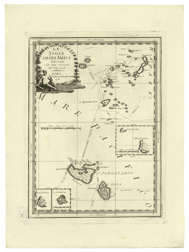 (N:8440) CARTE ANTICHE PROVENIENTI DALLA CALCOGRAFIA CAMERALE DI ROMA - LE ISOLE DEGLI AMICI DELINEATE SULLE ULTIME OSSERVAZIONI DEL CAP. COOK - Tomo III n. 38 (B0013142) Carte e stampe antiche: riproduzione a colori su carta (formato A2)