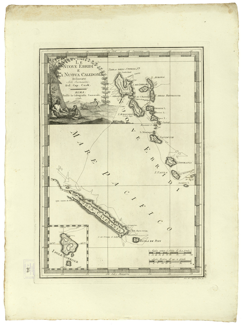 (N:8435) CARTE ANTICHE PROVENIENTI DALLA CALCOGRAFIA CAMERALE DI ROMA - LE NUOVE EBRIDI E LA NUOVA CALEDONIA DELINEATE SULLE OSSERVAZIONI DEL CAP. COOK - Tomo III n. 40 (B0013147) Carte e stampe antiche: riproduzione a colori su carta (formato A2)