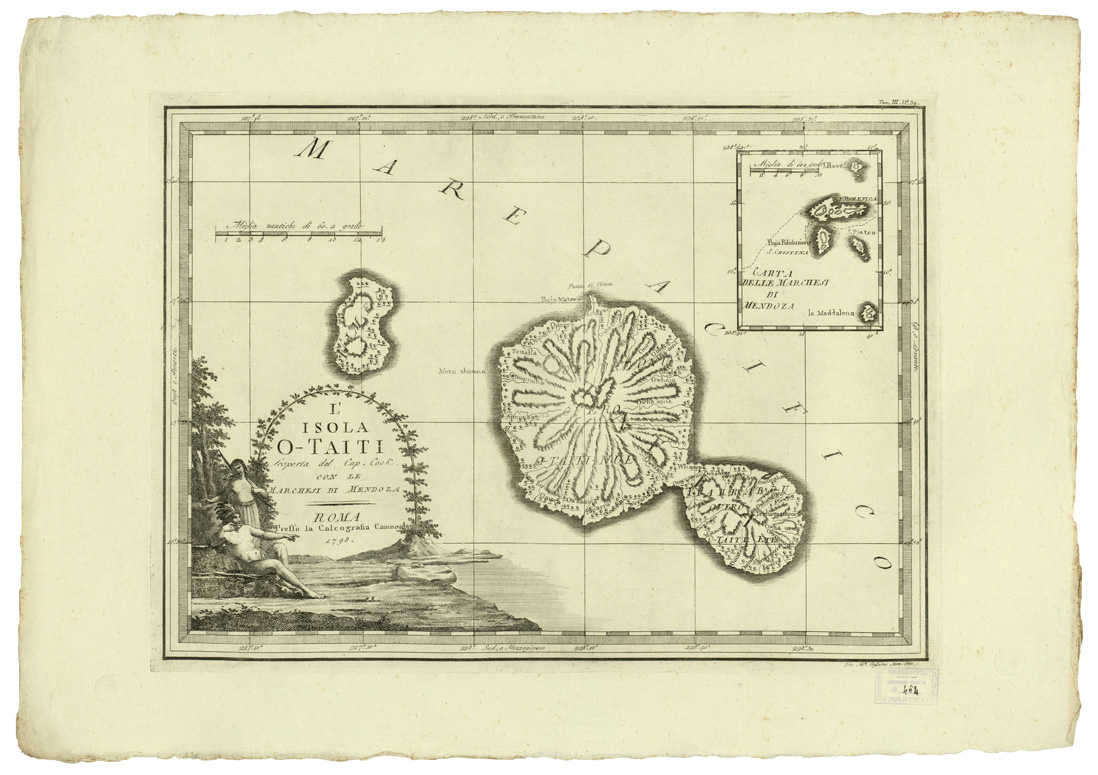 (N:8431) CARTE ANTICHE PROVENIENTI DALLA CALCOGRAFIA CAMERALE DI ROMA - L'ISOLA O-TAITI SCOPERTA DAL CAP. COOK CON LE MARCHESI DI MENDOZA - Tomo III n. 39 (B0013151) Carte e stampe antiche: riproduzione a colori su carta (formato A2)