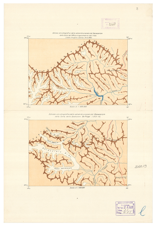 (N:16831) INDIA BRITANNICA - SCHIZZO ORO-IDROGRAFICO DELLA ESTREMITA' DEL CARACORUM - Dalla Carta della Spedizione De Filippi (B0013990) Carte e stampe antiche: riproduzione a colori su carta (formato A2)