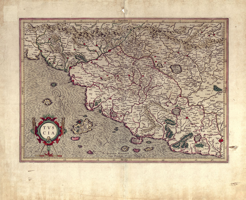 (N:1041) ITALIA IN GENERALE - TRE CARTE D'ITALIA DELL'ATLANTE DEL MERCATORE - TUSCIA PER GERARDUM MERCATOREM CUM PRIVILEGIO. 
Tavola 318 e Retro Carta (B0014008, B0014009) Carte e stampe antiche: riproduzione a colori su carta (formato A2)