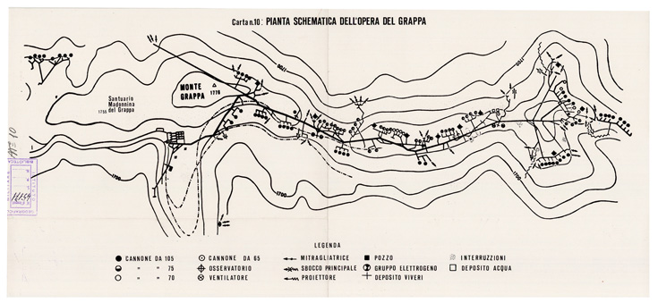 (N:29009) L'ESERCITO ITALIANO NELLA GRANDE GUERRA (1915-1918) - Carta n. 10: PIANTA SCHEMATICA DELL'OPERA DEL GRAPPA
 (B0019893) Carte e stampe antiche: riproduzione a colori su carta (formato A2)