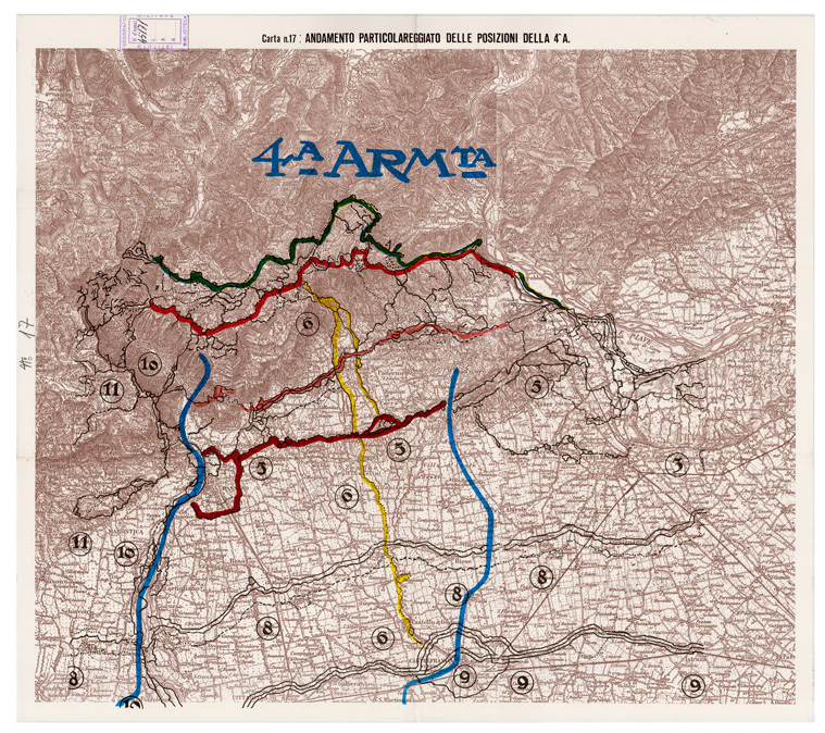 (N:29017) L'ESERCITO ITALIANO NELLA GRANDE GUERRA (1915-1918) - Carta n. 17: ANDAMENTO PARTICOLAREGGIATO DELLE POSIZIONI DELLA 4^ A (B0019900) Carte e stampe antiche: riproduzione a colori su carta (formato A2)