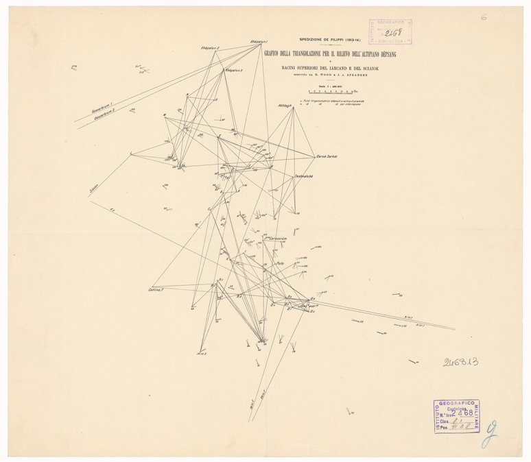 (N:33040) INDIA BRITANNICA - SPEDIZIONE DE FILIPPI NELL'HIMALAIA - GRAFICO DELLA TRIANGOLAZIONE PER IL RILIEVO DELL'ALTIPIANO DEPSANG E BACINI SUPERIORI DELL'IARCAND E DEL SCIAIOK (B0019948) Carte e stampe antiche: riproduzione a colori su carta (formato A2)