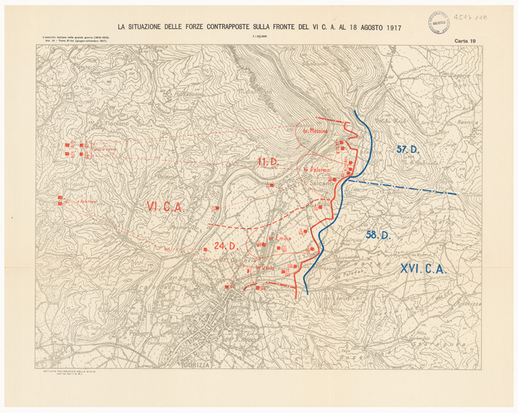 (N:36770) L'ESERCITO ITALIANO NELLA GRANDE GUERRA 1915-1918 - VOL. IV 1917 - TOMO 2 TER - Carta 19 - La situazione delle forze contrapposte sulla fronte del VI C.A. al 18 agosto 1917 (B0021324) Carte e stampe antiche: riproduzione a colori su carta (formato A2)