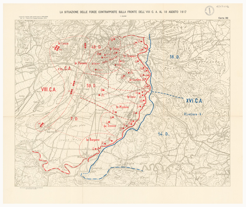 (N:36771) L'ESERCITO ITALIANO NELLA GRANDE GUERRA 1915-1918 - VOL. IV 1917 - TOMO 2 TER - Carta 20 - La situazione dell forze contrapposte sulla fronte del VIII C.A. al 18 agosto 1917 (B0021325) Carte e stampe antiche: riproduzione a colori su carta (formato A2)