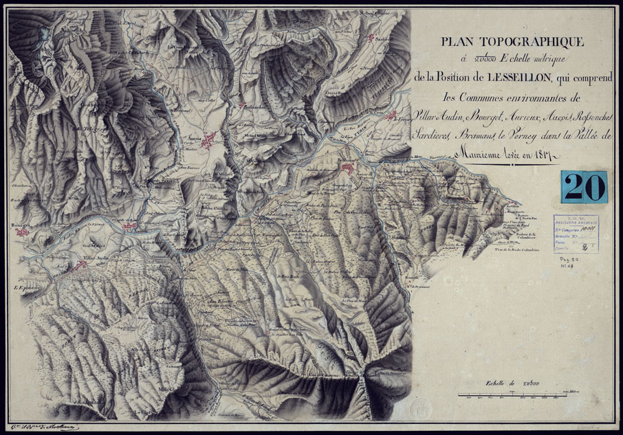 (N:6865) PLAN TOPOGRAPHIQUE A 1:20000 ECHELLE METRIQUE DE LA POSITION DE LESSEILON, QUI COMPREND LES COMUNES ENVIRONNANTES DE VILLAR AUDIN, BOURGET, AURIEUX, AUCOIS, ROSSENCHES, SARDIERES, BRAMANS, LE VERNEY DANS LA VALLE DE MAURIENNE LEVEE EN 1817 - FOGLIO 1. (CA000130) Carte e stampe antiche: riproduzione a colori su carta (formato A2)