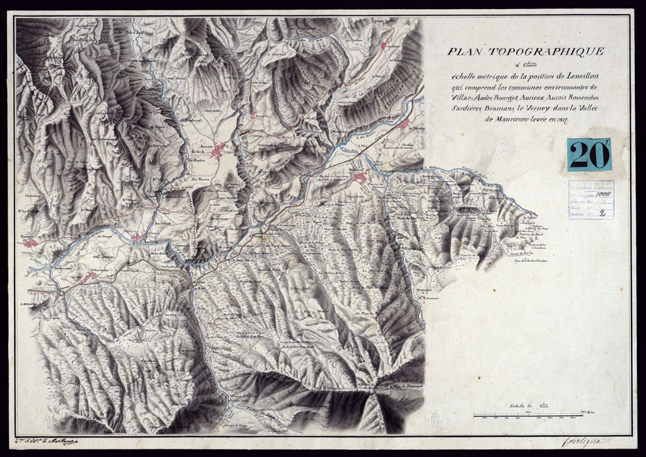 (N:6864) PLAN TOPOGRAPHIQUE A 1:20000 ECHELLE METRIQUE DE LA POSITION DE LESSEILON, QUI COMPREND LES COMUNES ENVIRONNANTES DE VILLAR AUDIN, BOURGET, AURIEUX, AUCOIS, ROSSENCHES, SARDIERES, BRAMANS, LE VERNEY DANS LA VALLE DE MAURIENNE LEVEE EN 1817 - FOGLIO 1. (CA000131) Carte e stampe antiche: riproduzione a colori su carta (formato A2)
