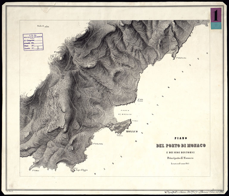 (N:13264) PIANO DEL PORTO DI MONACO E DEI SUOI DINTORNI,  Principato di Monaco, Levato nell'anno 1845. (CA000315) Carte e stampe antiche: riproduzione a colori su carta (formato A2)