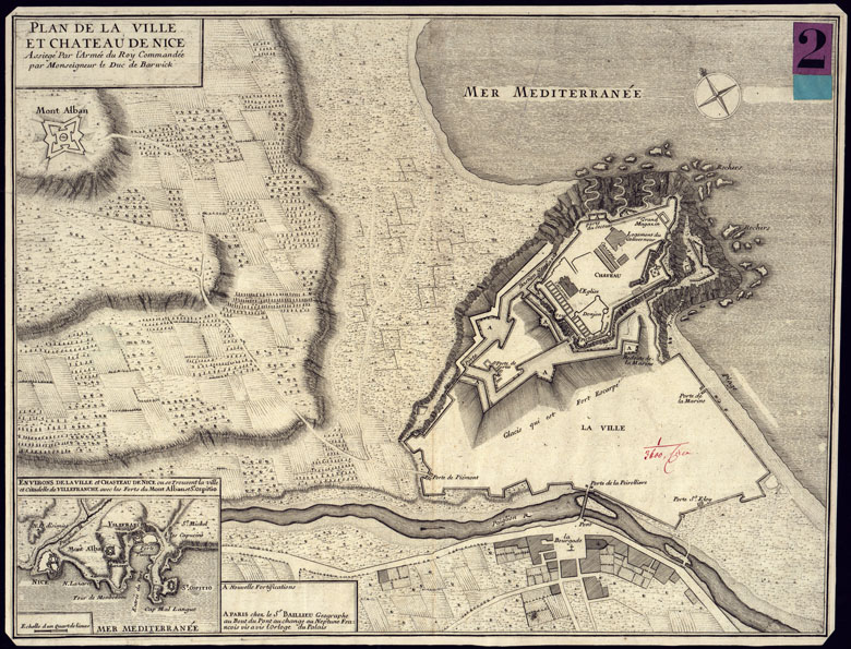 (N:13720) PLAN DE LA VILLE ET CHATEAU DE NICE ASSIEGE' PAR L'ARMEE DU ROY COMMANDEE PAR MONSEIGNEUR LE DUC DE BARWICK. (CA000317) Carte e stampe antiche: riproduzione a colori su carta (formato A2)