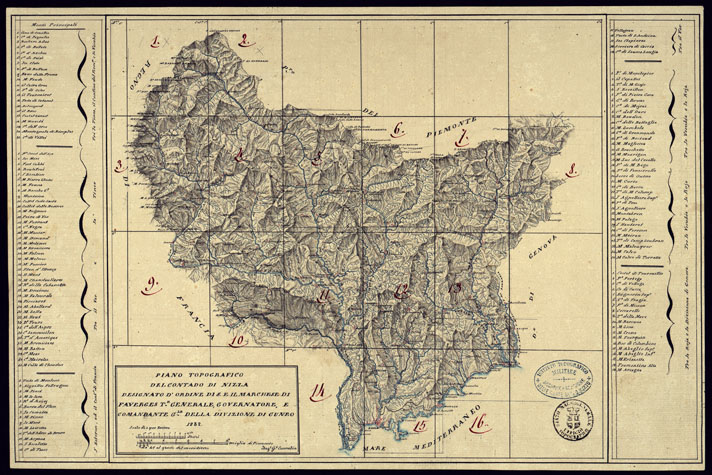 (N:13526) PIANO TOPOGRAFICO DEL CONTADO DI NIZZA DISEGNATO D'ORDINE DI S.E. MARCHESE DI FAVERGES T.E GENERALE, GOVERNATORE, E COMANDANTE G.LE DELLA DIVISIONE DI CUNEO 1832 - QUADRO D'UNIONE. (CA000372) Carte e stampe antiche: riproduzione a colori su carta (formato A2)