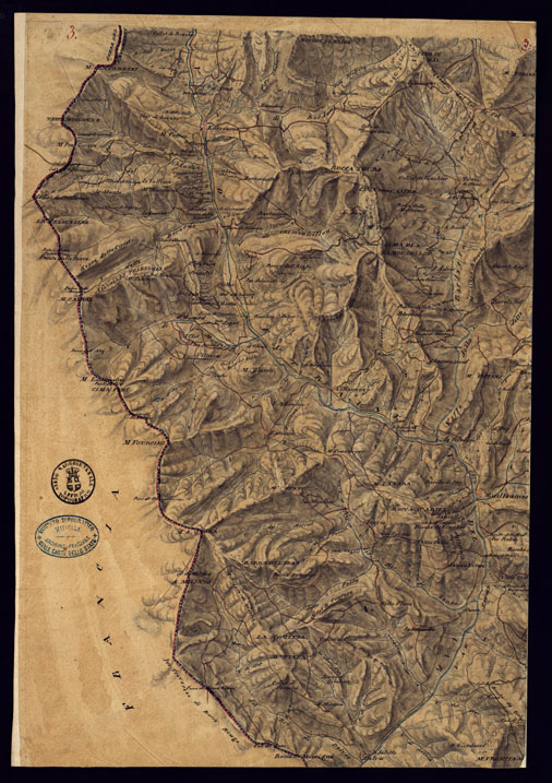 (N:13519) PIANO TOPOGRAFICO DEL CONTADO DI NIZZA DISEGNATO D'ORDINE DI S.E. MARCHESE DI FAVERGES T.E GENERALE, GOVERNATORE, E COMANDANTE G.LE DELLA DIVISIONE DI CUNEO 1832 - FOGLIO 3. (CA000375) Carte e stampe antiche: riproduzione a colori su carta (formato A2)