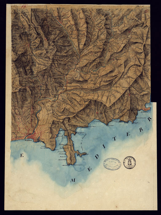 (N:13516) PIANO TOPOGRAFICO DEL CONTADO DI NIZZA DISEGNATO D'ORDINE DI S.E. MARCHESE DI FAVERGES T.E GENERALE, GOVERNATORE, E COMANDANTE G.LE DELLA DIVISIONE DI CUNEO 1832 - FOGLIO 15. (CA000387) Carte e stampe antiche: riproduzione a colori su carta (formato A2)