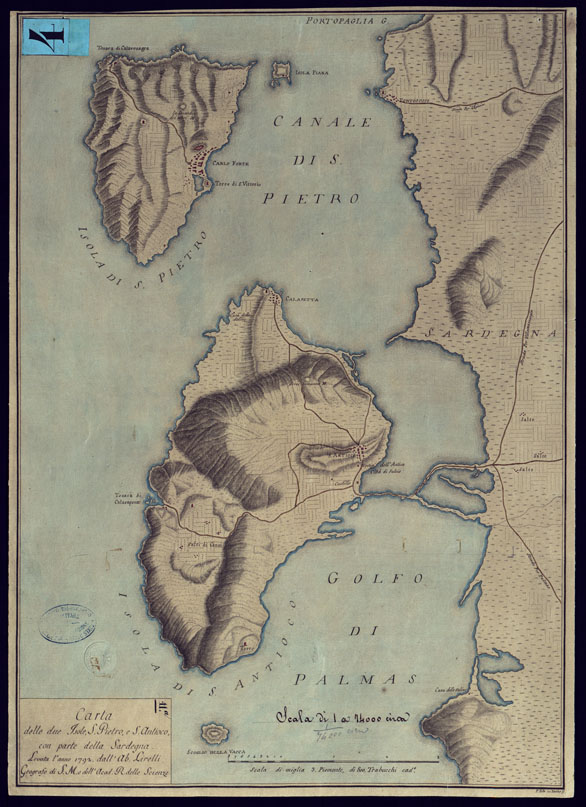 (N:6113) CARTA DELLE DUE ISOLE, S. PIETRO, S. ANTIOCO, CON PARTE DELLE SARDEGNA. LEVATA L'ANNO 1792. DALL'AB.LIRELLI GEOGRAFO DI S. M. E DELL'ACAD. R. DELLE SCIENZE. (CA000546) Carte e stampe antiche: riproduzione a colori su carta (formato A2)